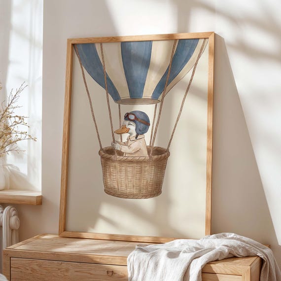 Duck Hot Air Balloon Nursery Wall Art Print Cute Aviator Animal Kids Poster Blue Neutral Baby Room Decor Adventure