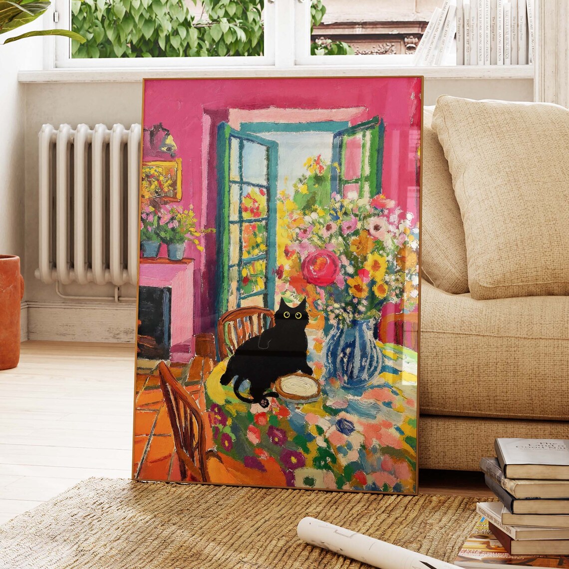 Matisse-Inspired Open Window Black Cat Art Print