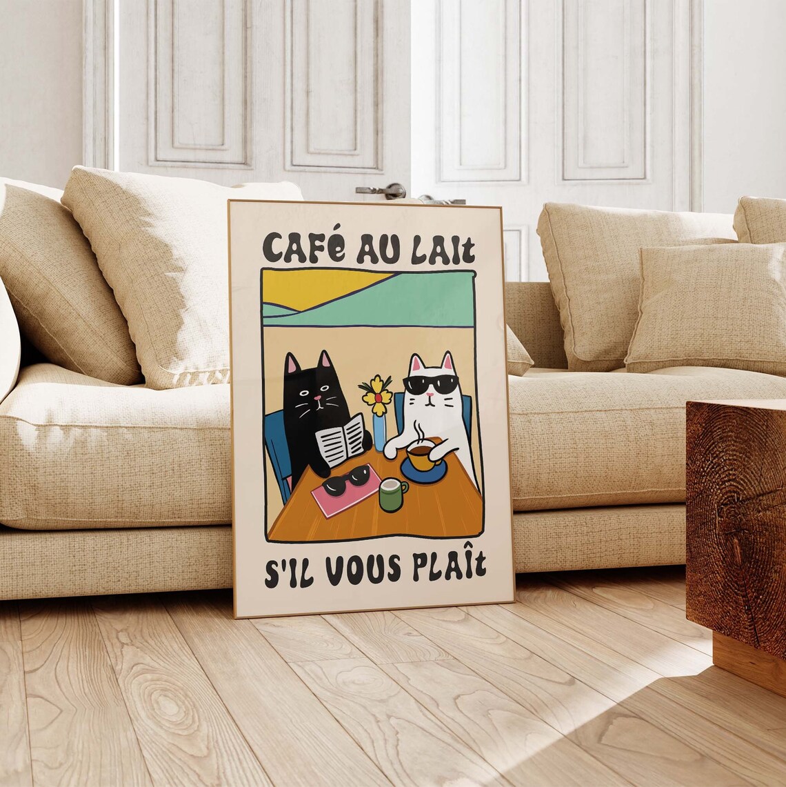 Cafe Au Lait Sil Vous Plait Two Funny Cats At French Cafe Table Poster - Image 2