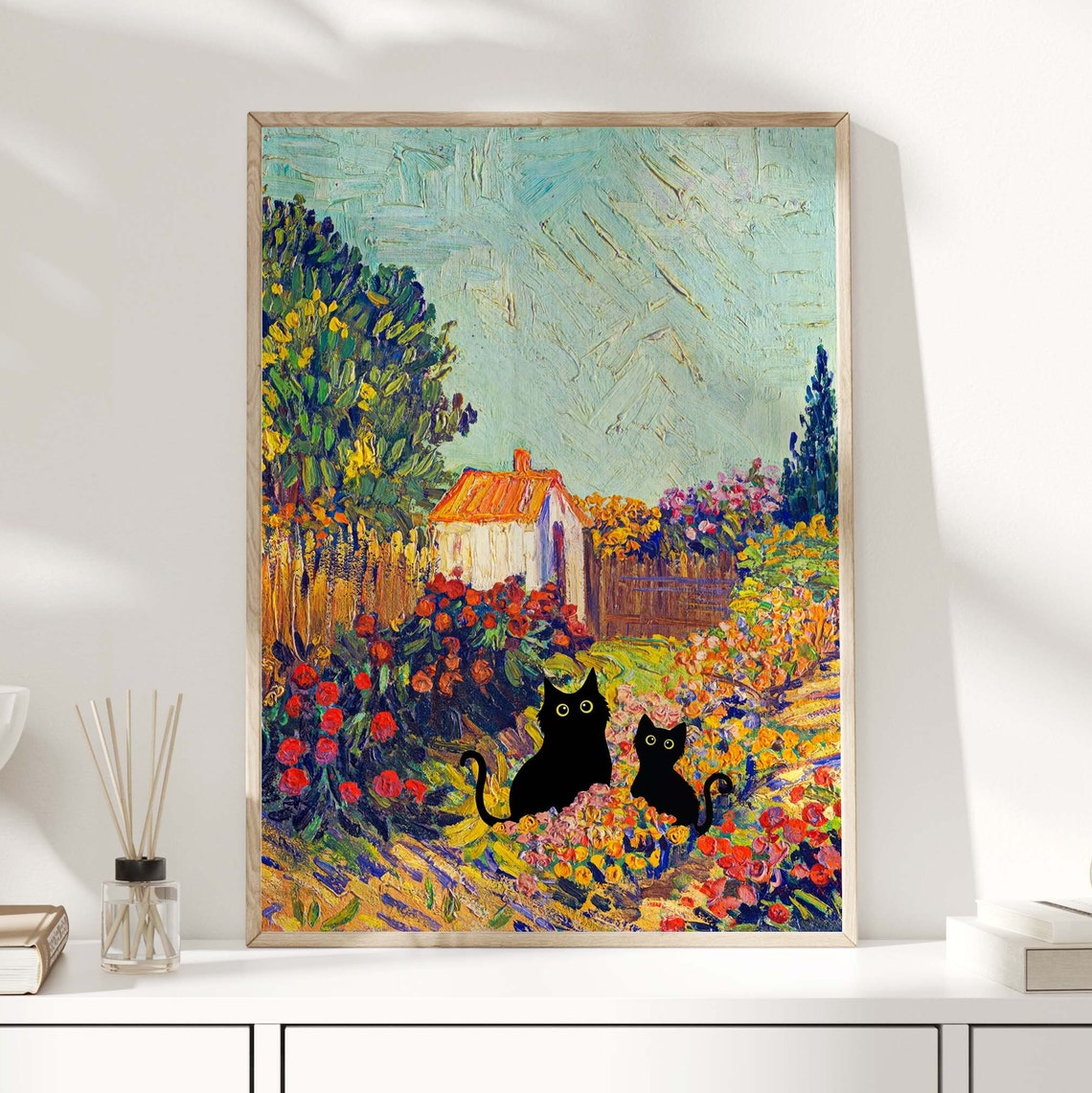 Two Black Cats In Van Gogh Inspired Garden With Orange Cottage Poster - Image 3