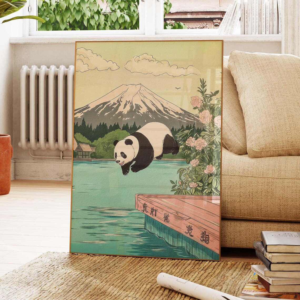 Panda Diving Into Lake Water With Mount Fuji Japanese Art Poster - Image 4