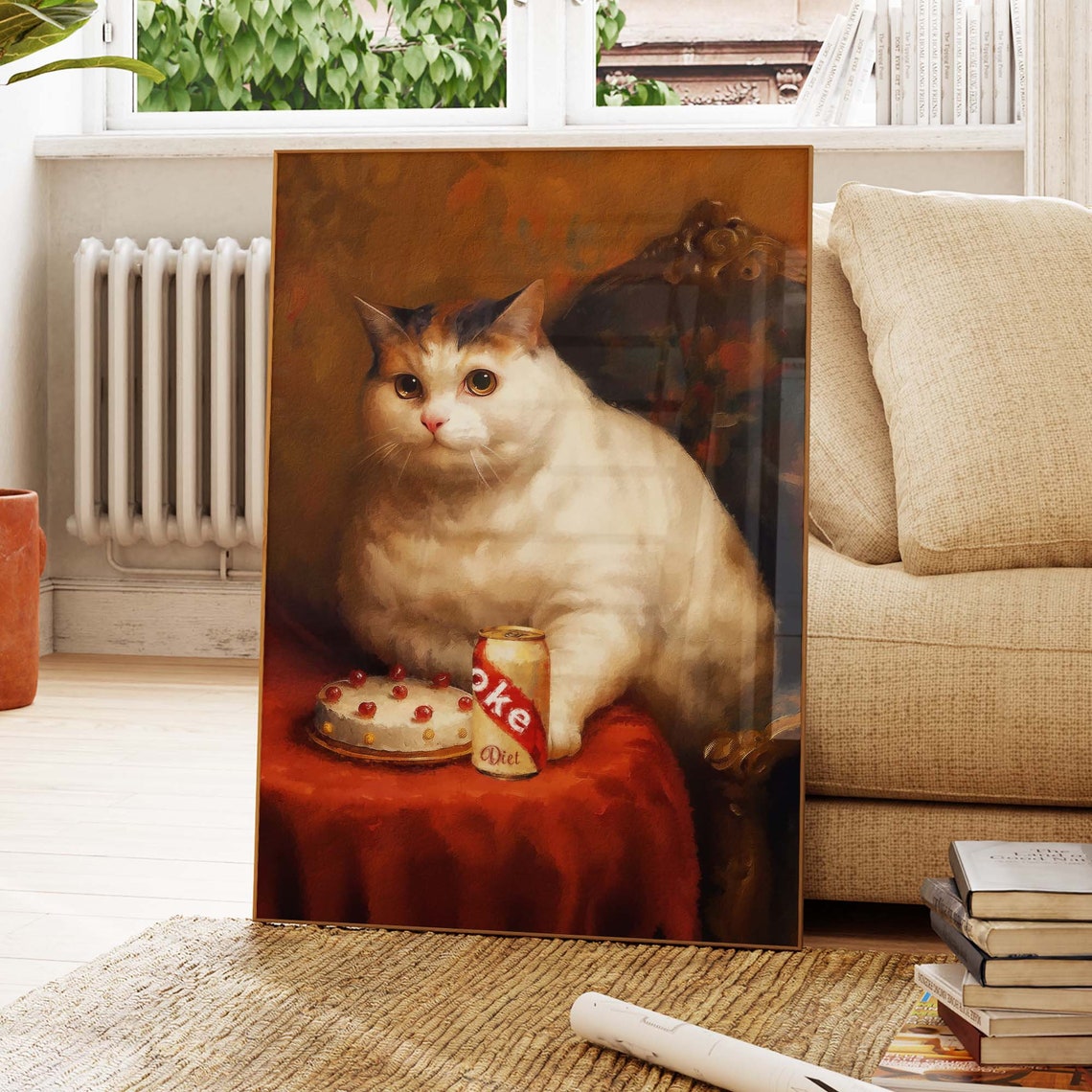 Chubby White Cat With Birthday Cake And Diet Cola Can Art Poster