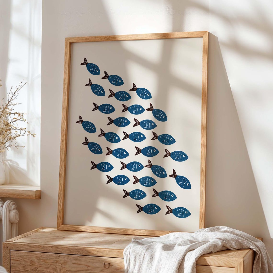 Minimalist Blue Fish School Formation Cream Background Poster