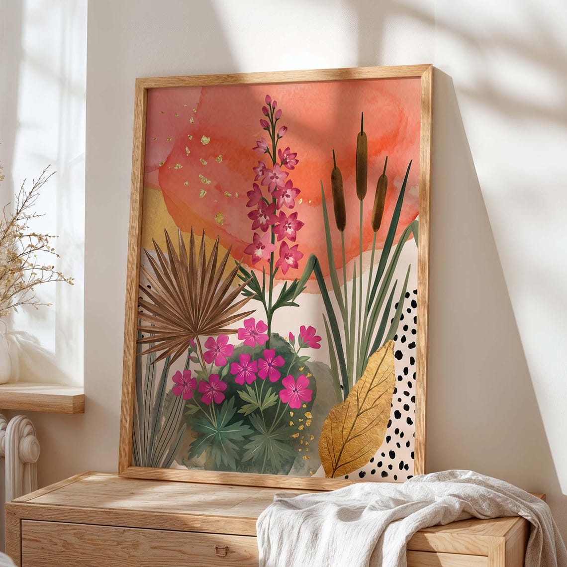 Abstract Botanical Print Coral Pink Floral Poster Maximalist Garden Decor