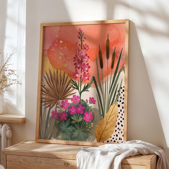 Abstract Coral Floral Watercolor Botanical Maximalist Art Poster