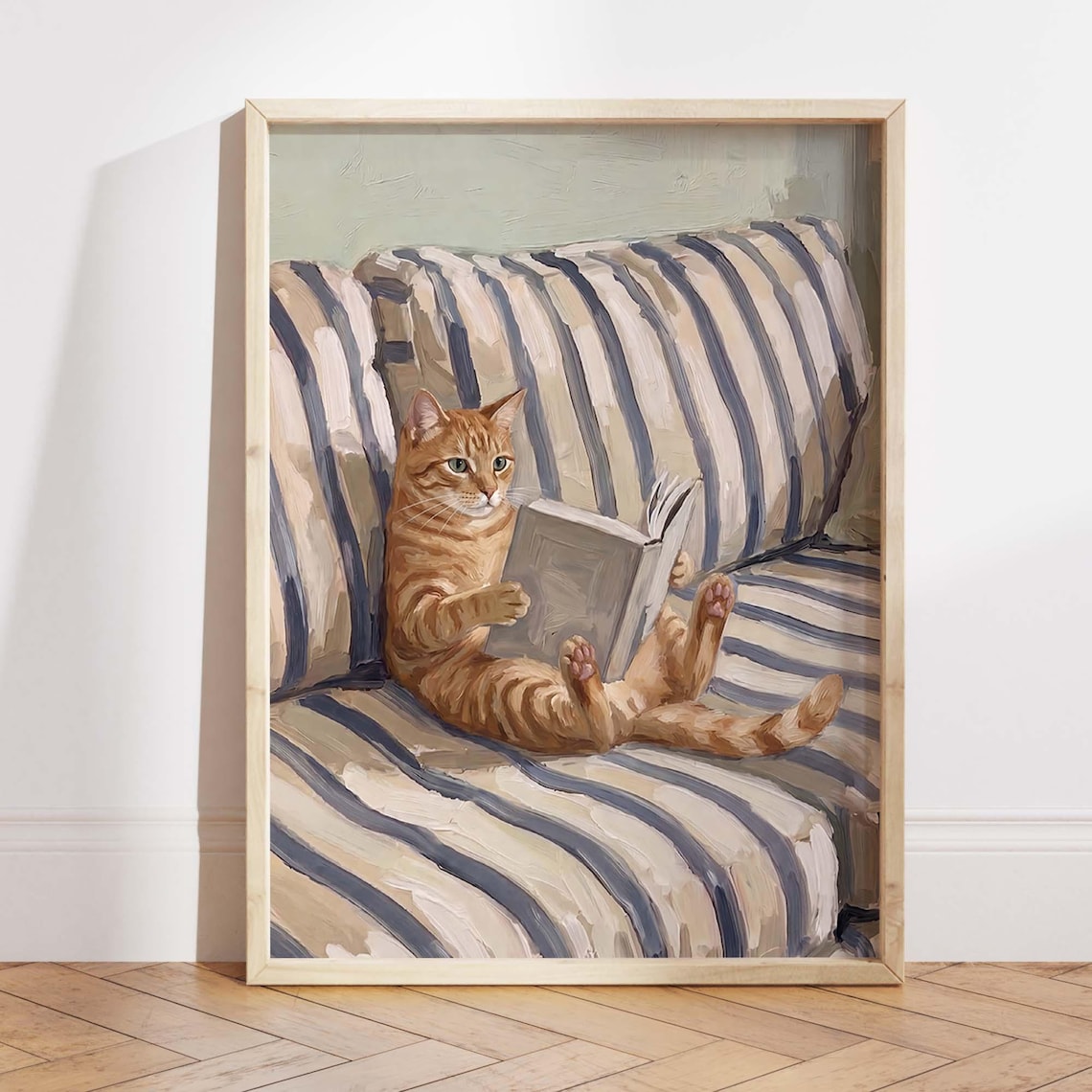 Reading Cat Art Print, Cozy Cottagecore Pet Decor