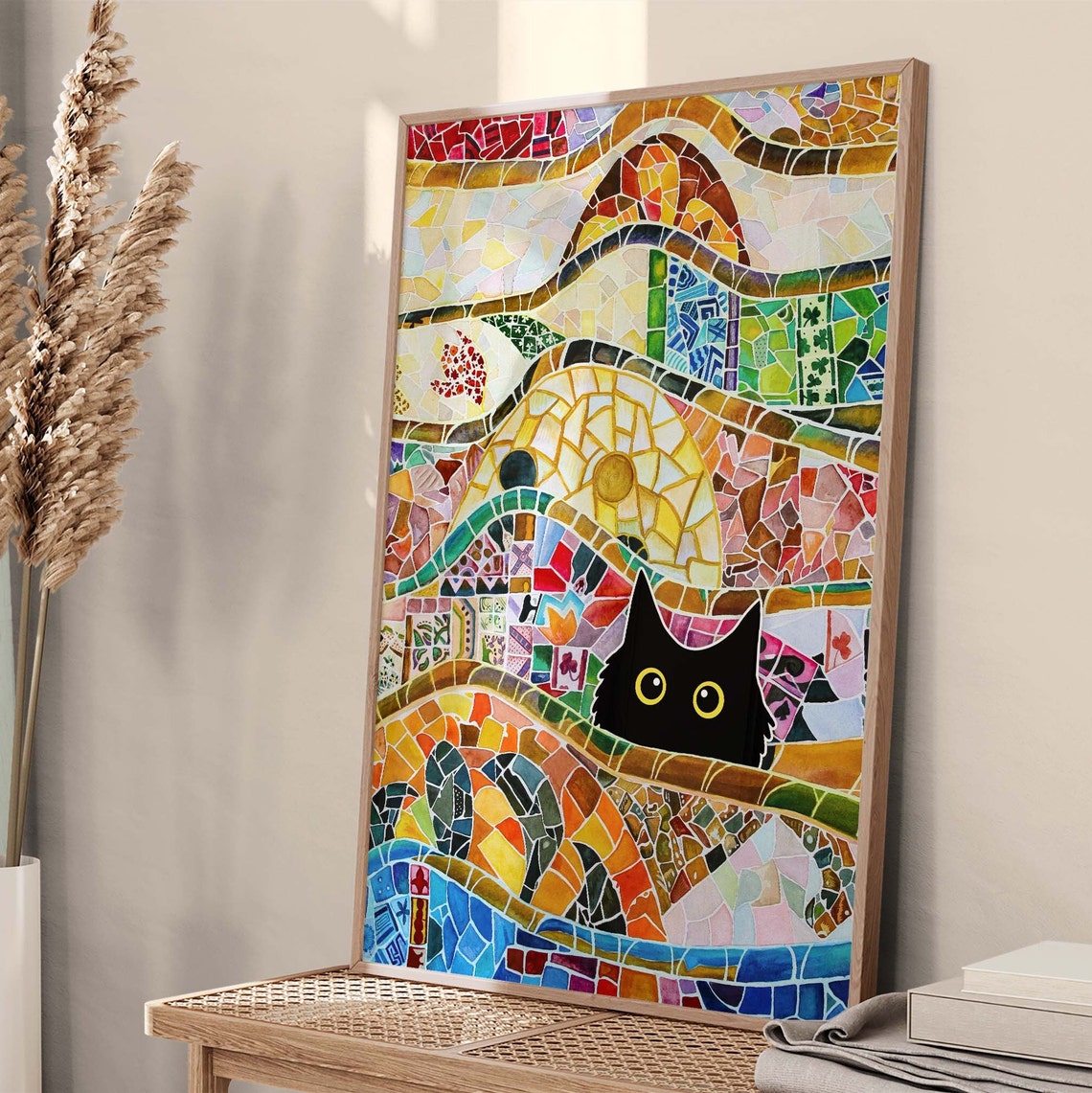 Black Cat Peeking Through Gaudi Style Mosaic Tile Art Poster - Image 2