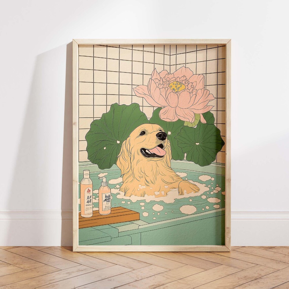 Golden Retriever Enjoying Japanese Onsen Bath With Lotus Bloom Poster