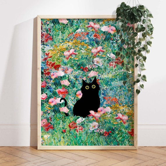 Black Cat Among Blooms in an Impressionist Flower Garden Poster