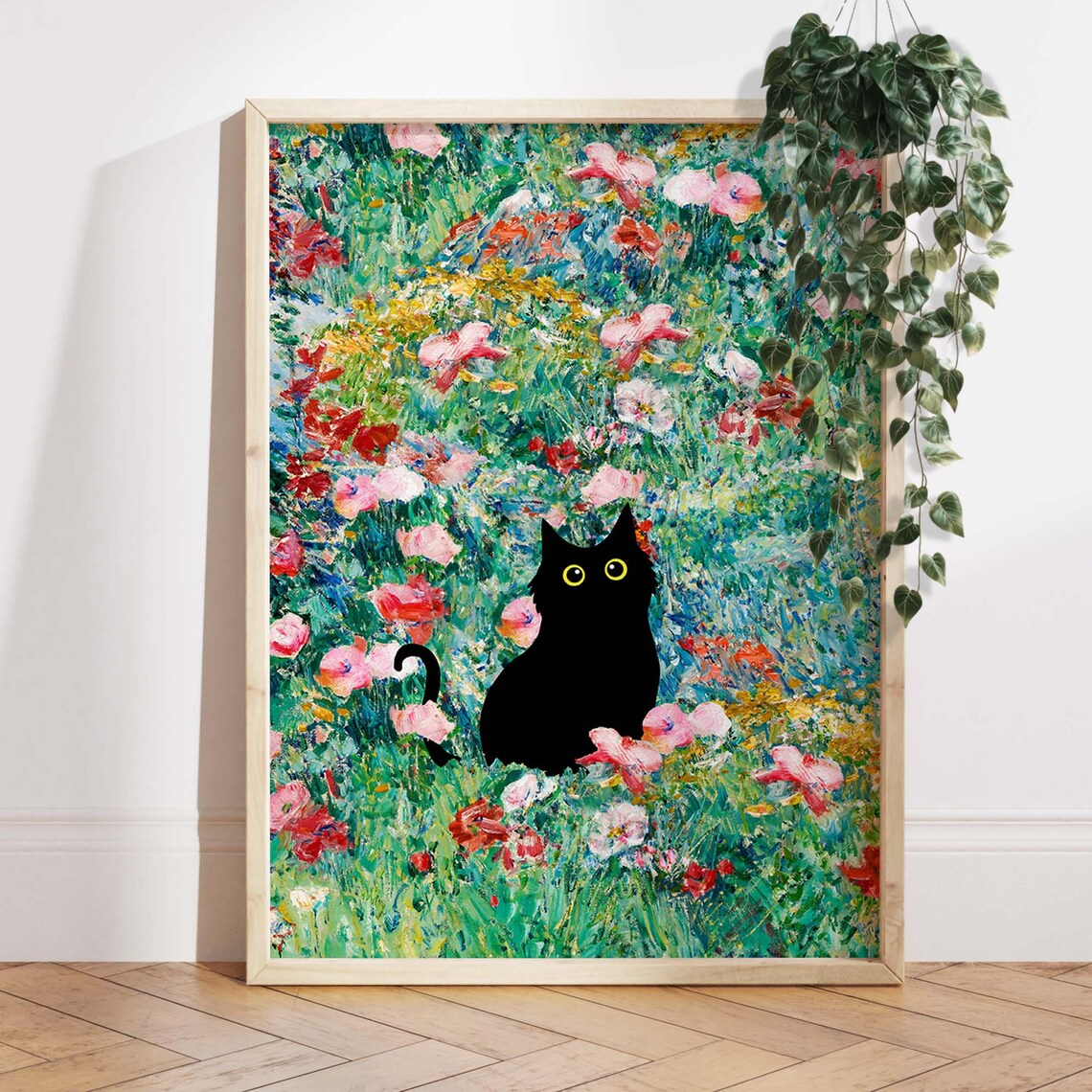 Black Cat Among Blooms in an Impressionist Flower Garden Poster
