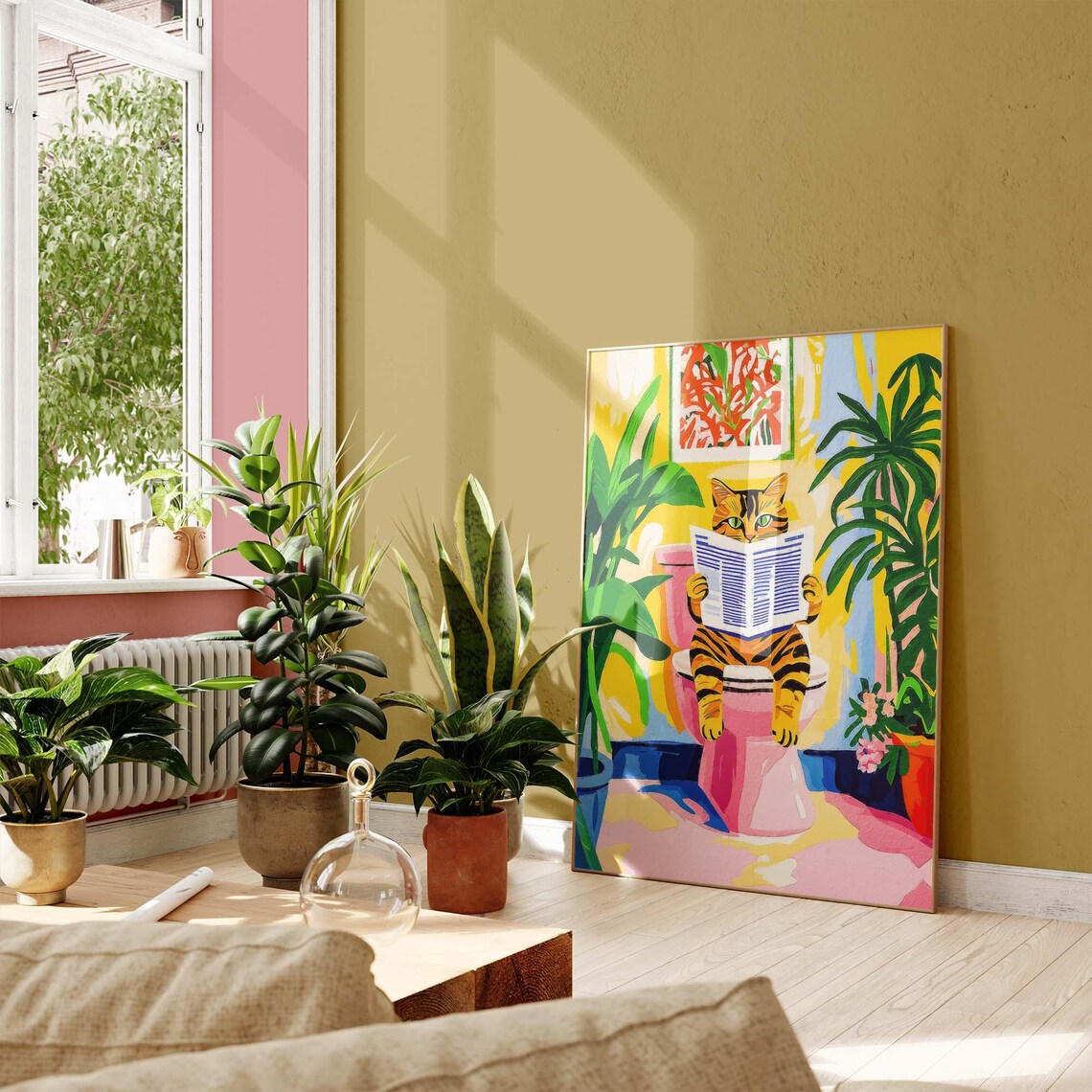 Tabby Cat Reading Newspaper on Pink Toilet Tropical Humor Poster - Image 2
