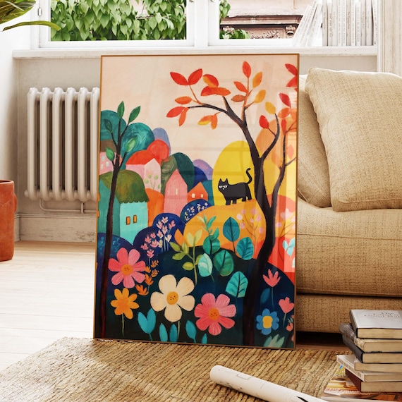 Black Cat In Matisse Inspired Autumn Village Garden Colorful Art Poster