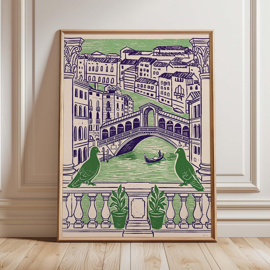 Venice Rialto Bridge Gondola Canal Pigeons Illustrated Italy Cityscape Poster