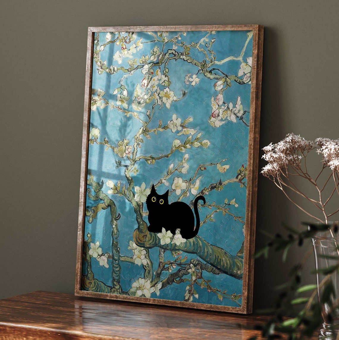 Black Cat Perched on a Branch in Van Gogh Almond Blossom Art Poster - Image 2