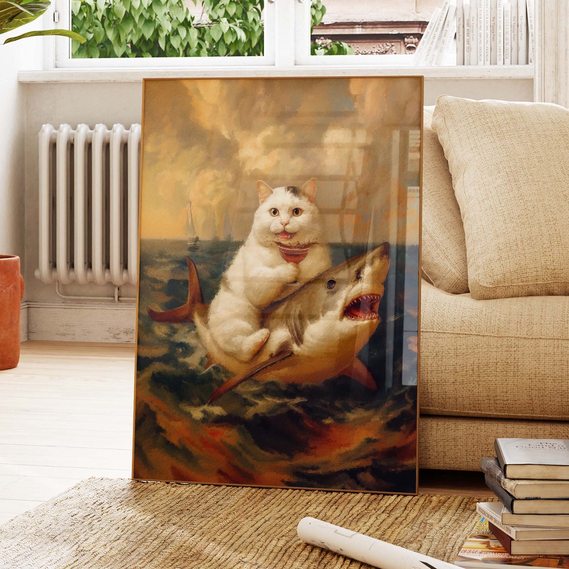 Funny White Cat Riding A Shark Holding A Cocktail In The Ocean Poster