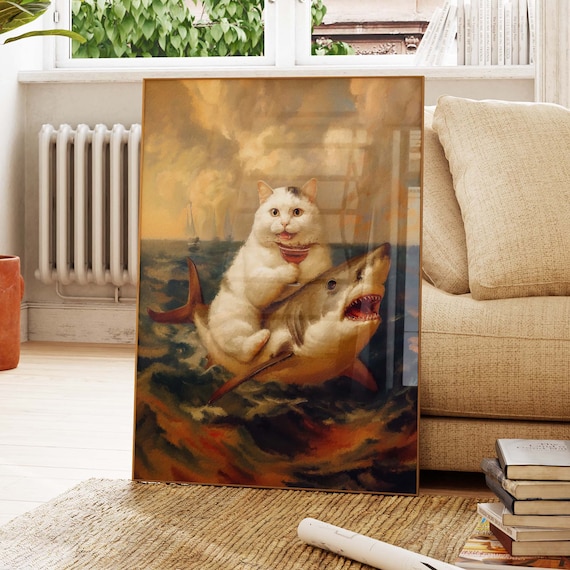 Funny White Cat Riding A Shark Holding A Cocktail In The Ocean Poster