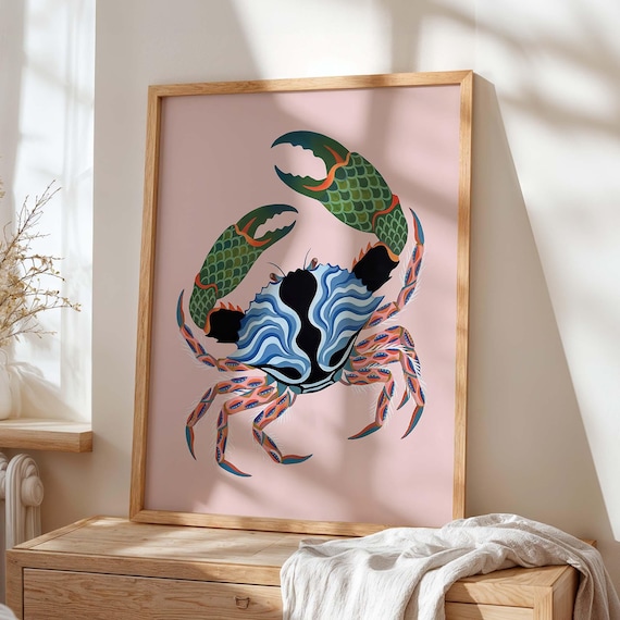 Colorful Crab Pink Poster Coastal Blue Ocean Nautical Kitchen Art
