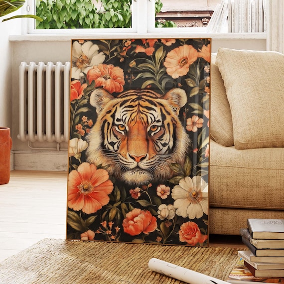 Tiger Portrait In Dark Floral Garden Morris Inspired Orange Blooms Poster