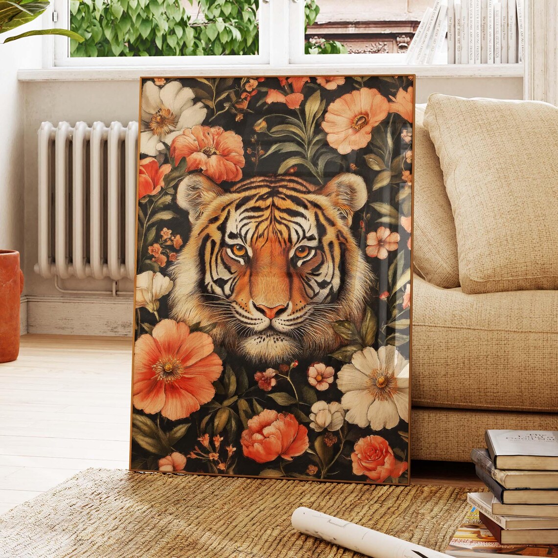 Tiger Portrait In Dark Floral Garden Morris Inspired Orange Blooms Poster