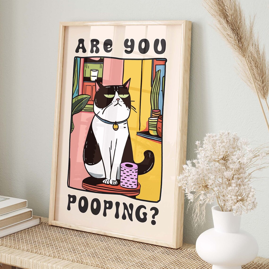 Are You Pooping Tuxedo Cat With Toilet Paper Retro Bathroom Poster - Image 4