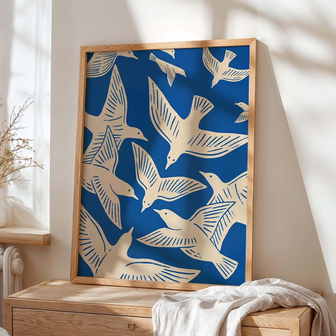 Bird Wall Art Print, Blue Coastal Scandinavian Seagull Flock