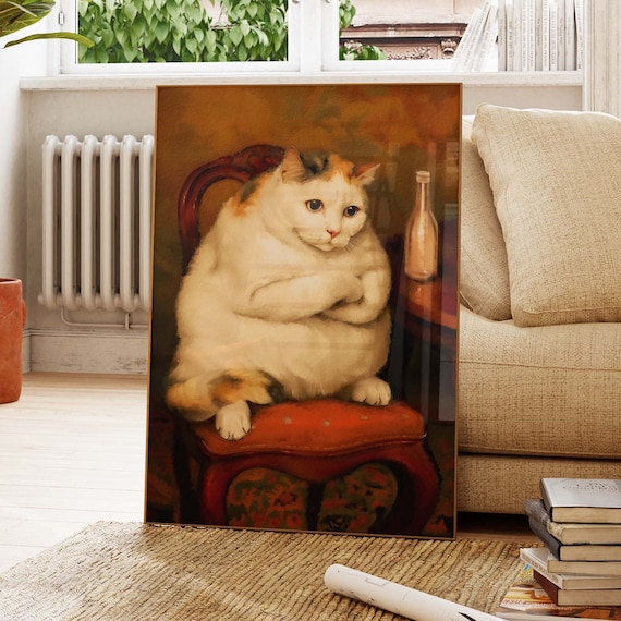Chubby Calico Cat Lounging On Red Chair Next To Bottle Painterly Poster