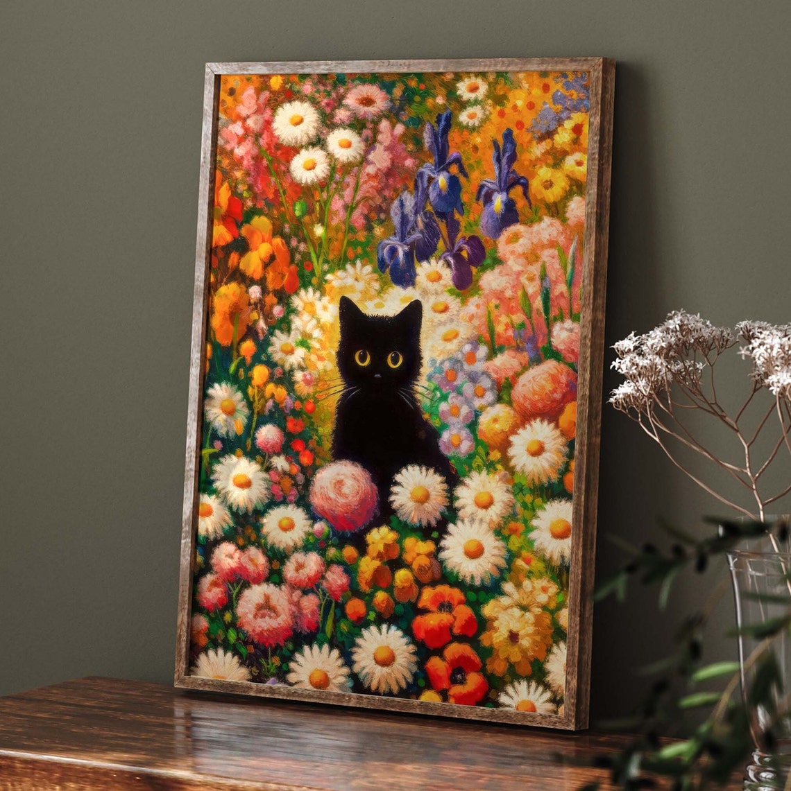 Black Cat Resting in Impressionist Flower Garden Meadow Poster - Image 2