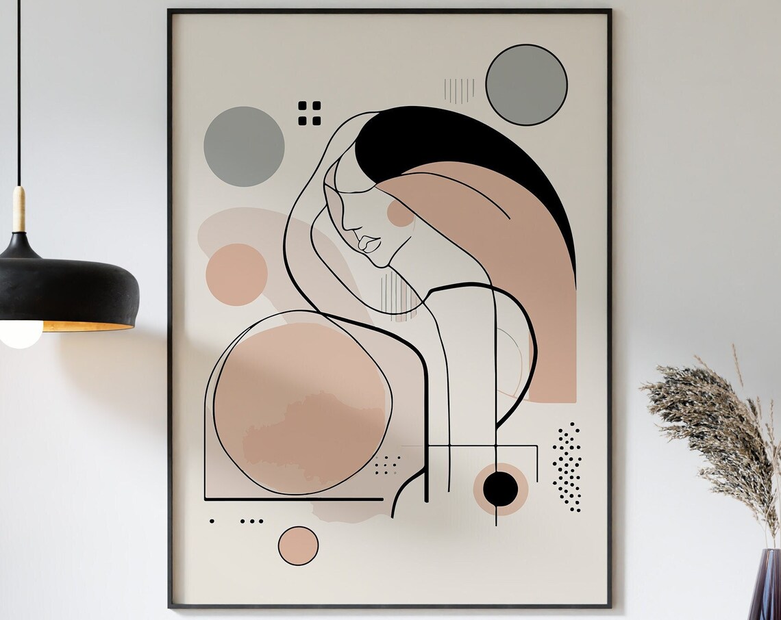 Abstract Woman Graphic Art Print For Contemporary Home Wall Decor Long Hair Woman Line Art And Geometric Shapes In Pastel Colours