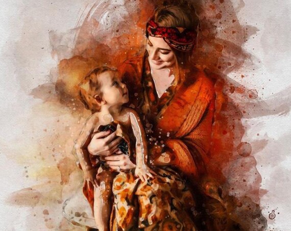 Custom Watercolor Mother Holding Child Autumn Portrait Painting Poster