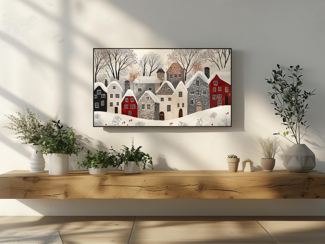 Minimalist Snowy Village Houses In Red Black And Cream Winter Poster - Image 2