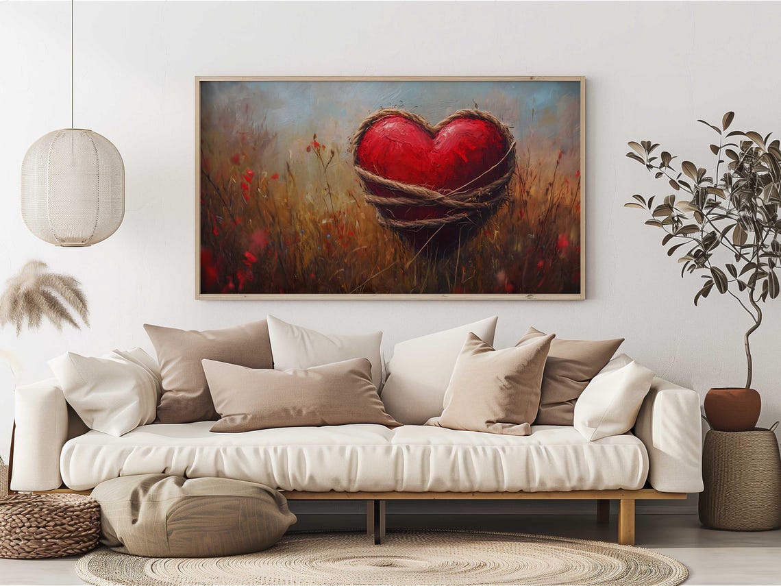 Red Heart Wrapped Twine Poppy Field Textured Oil Painting Poster - Image 4