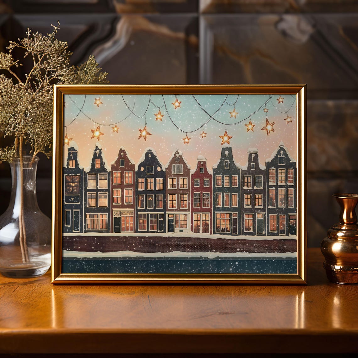 Snowy Amsterdam Canal Houses With Glowing Star Lights At Night Poster - Image 4