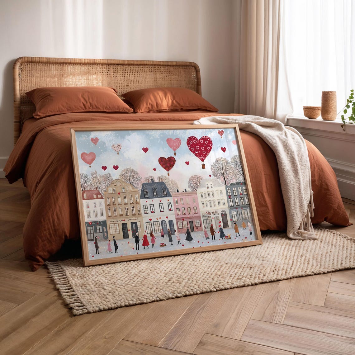 Heart Hot Air Balloons Over Valentine Town Square Romantic Poster - Image 5