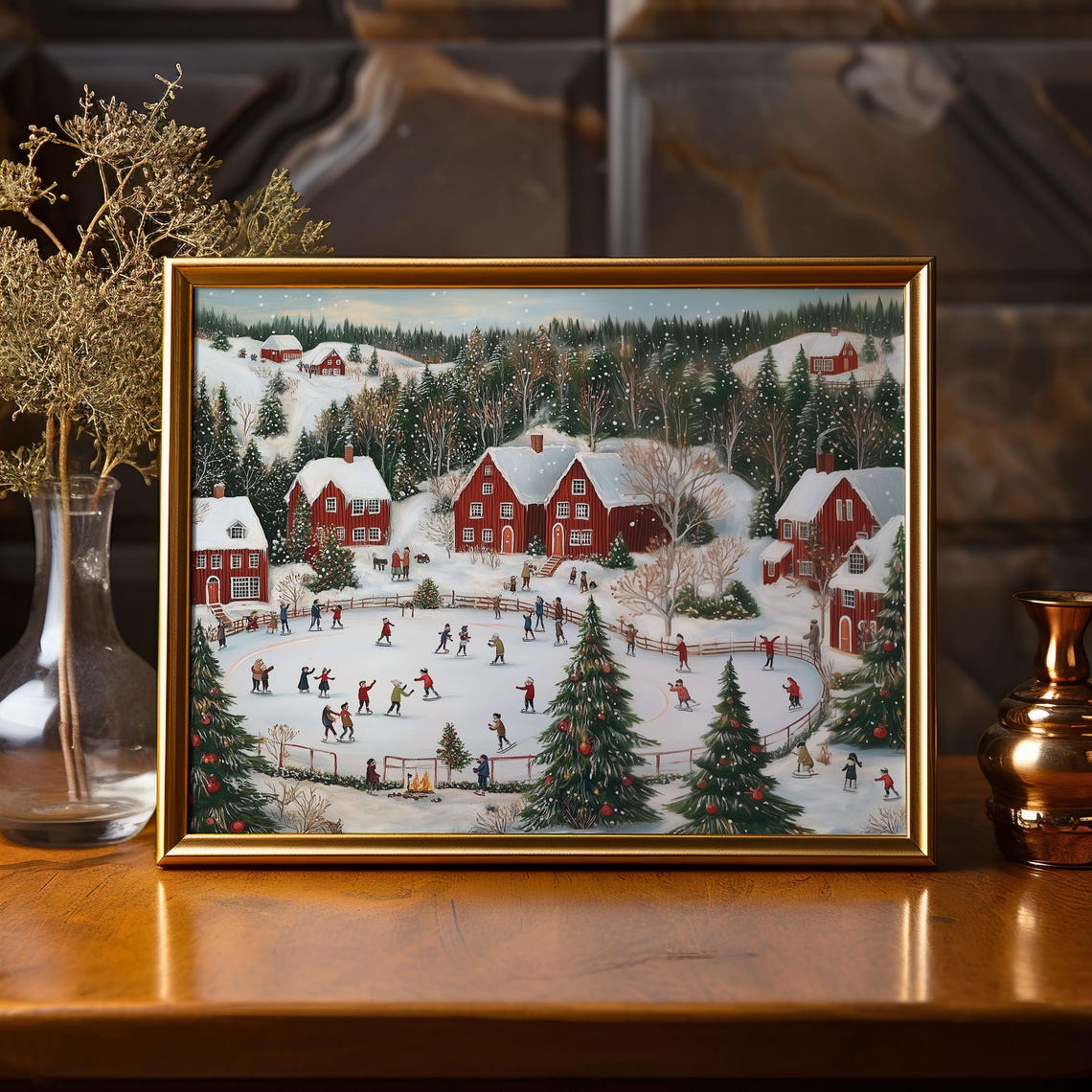 Ice Skaters On Frozen Pond By Red Houses And Christmas Trees Poster - Image 4