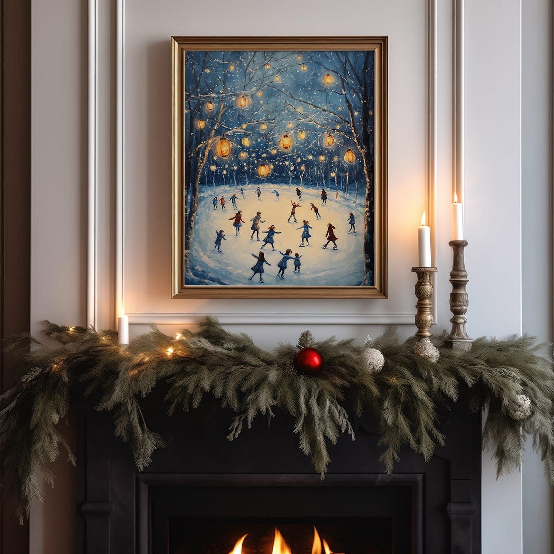 Night Ice Skating Under Glowing Lanterns Snowy Forest Art Poster - Image 6