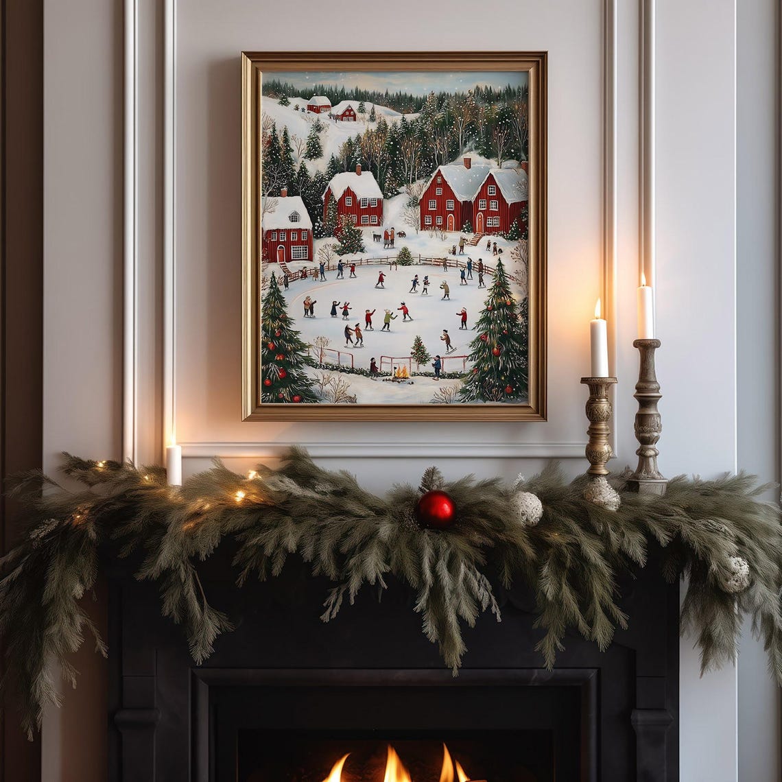 Red Cabins Ice Skating Pond Decorated Christmas Trees Art Poster - Image 6