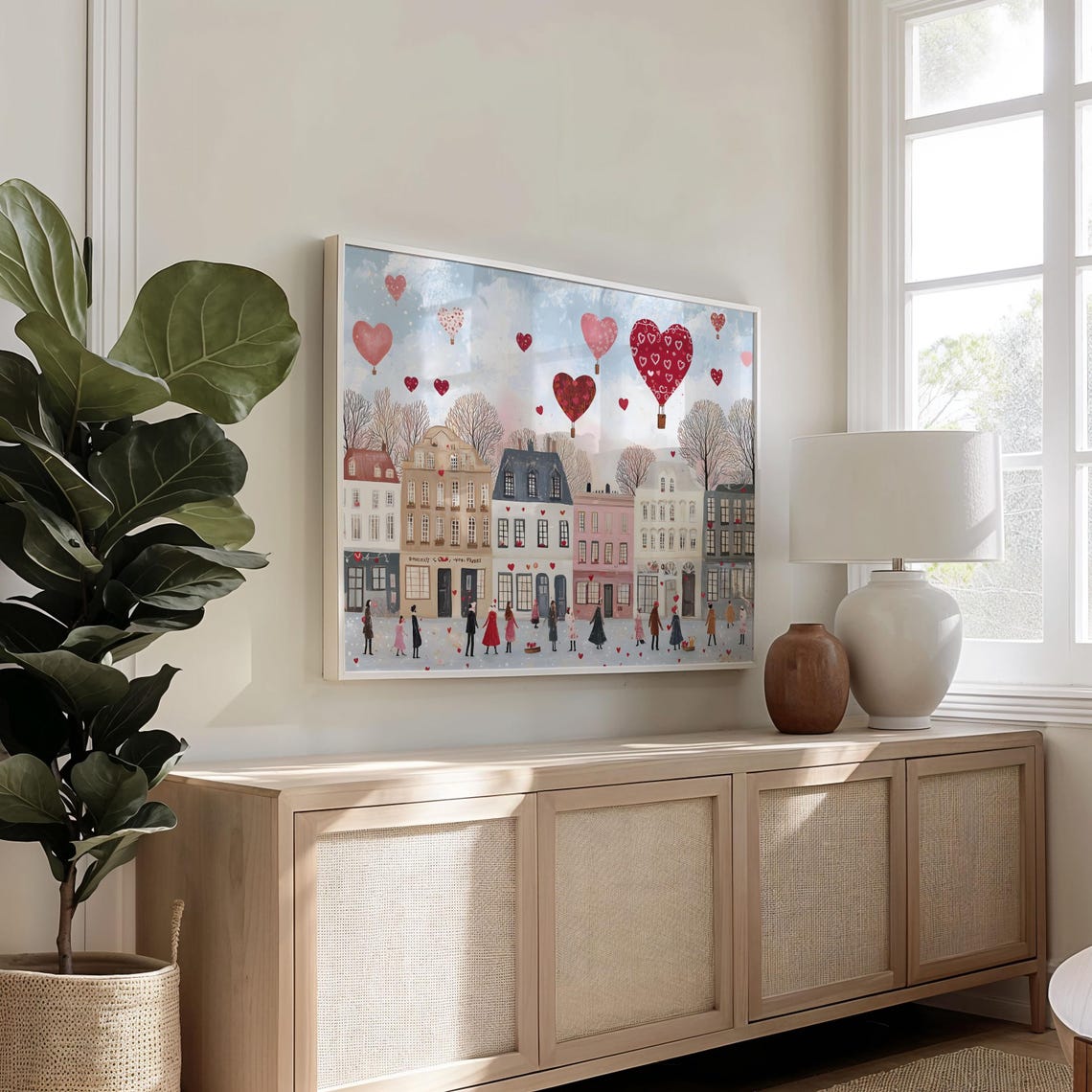 Heart Hot Air Balloons Over Valentine Town Square Romantic Poster - Image 3