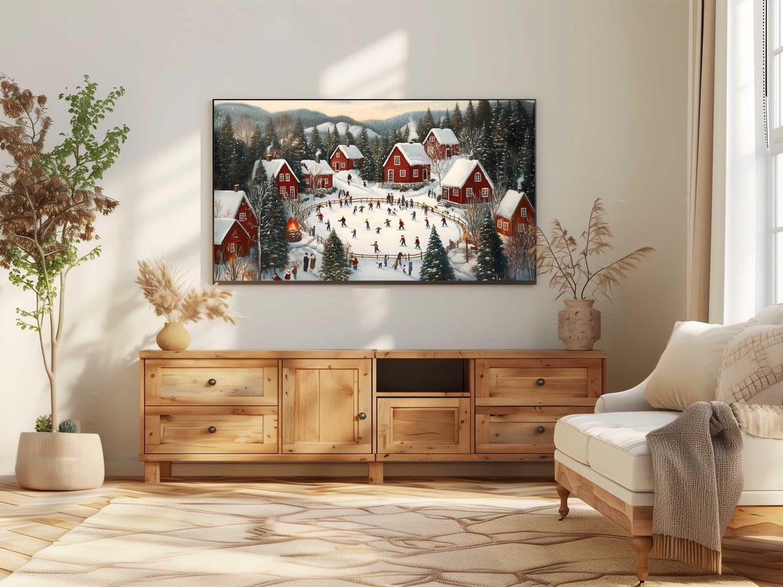 Village Ice Skating Pond Red Cottages Snowy Mountains Art Poster - Image 3
