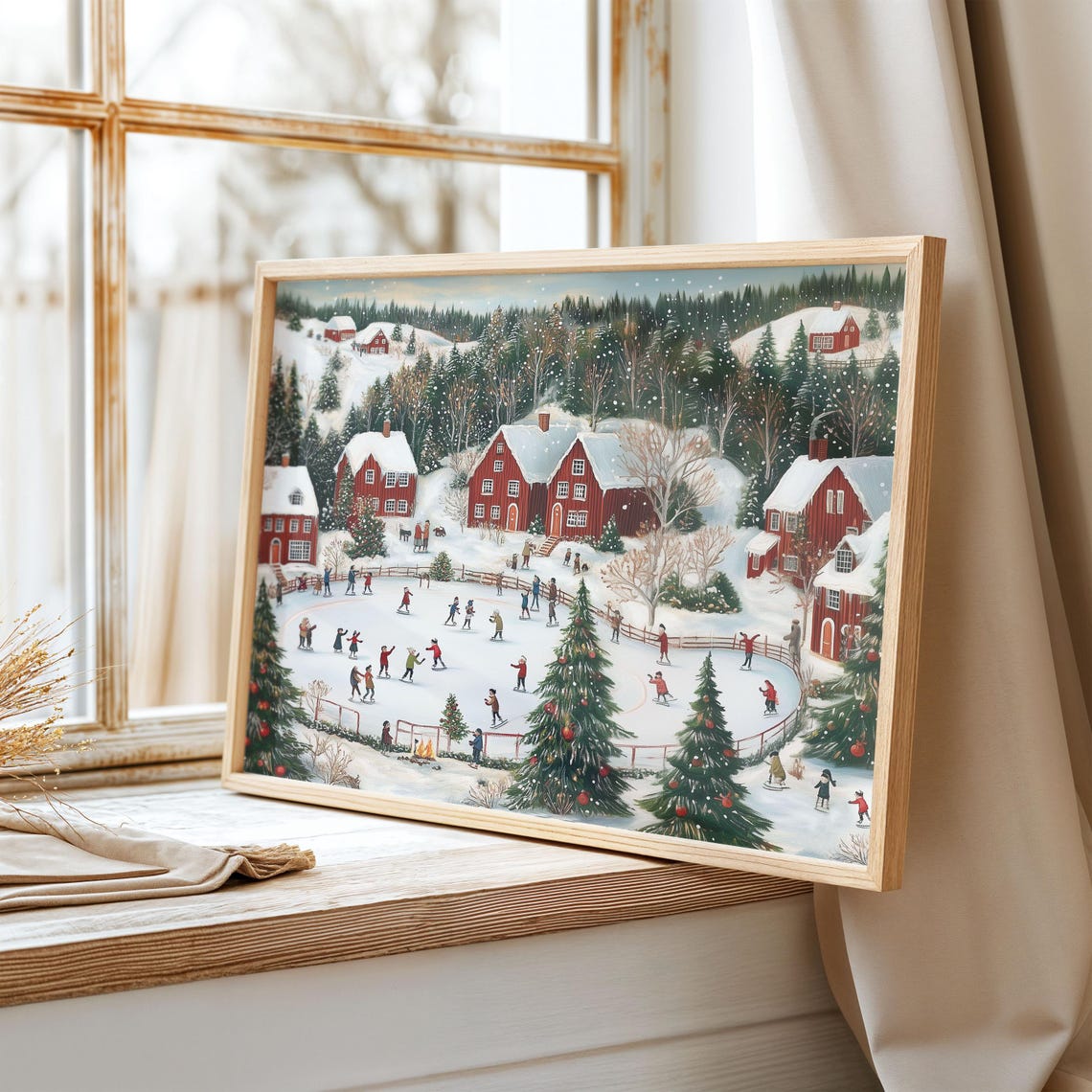 Ice Skaters On Frozen Pond By Red Houses And Christmas Trees Poster - Image 3