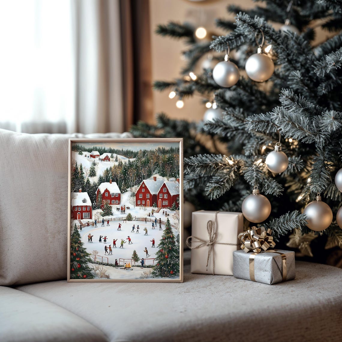 Red Cabins Ice Skating Pond Decorated Christmas Trees Art Poster - Image 2