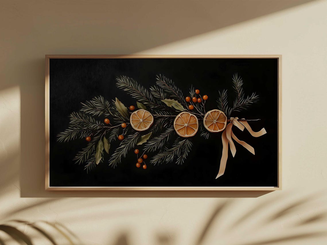 Moody Christmas Garland Pine Dried Orange Berries Black Art Poster - Image 2