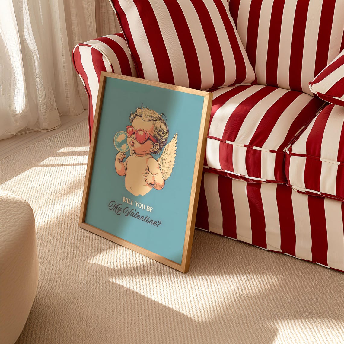 Retro Cupid Blowing Bubble Pink Sunglasses Will You Be Mine Poster - Image 3