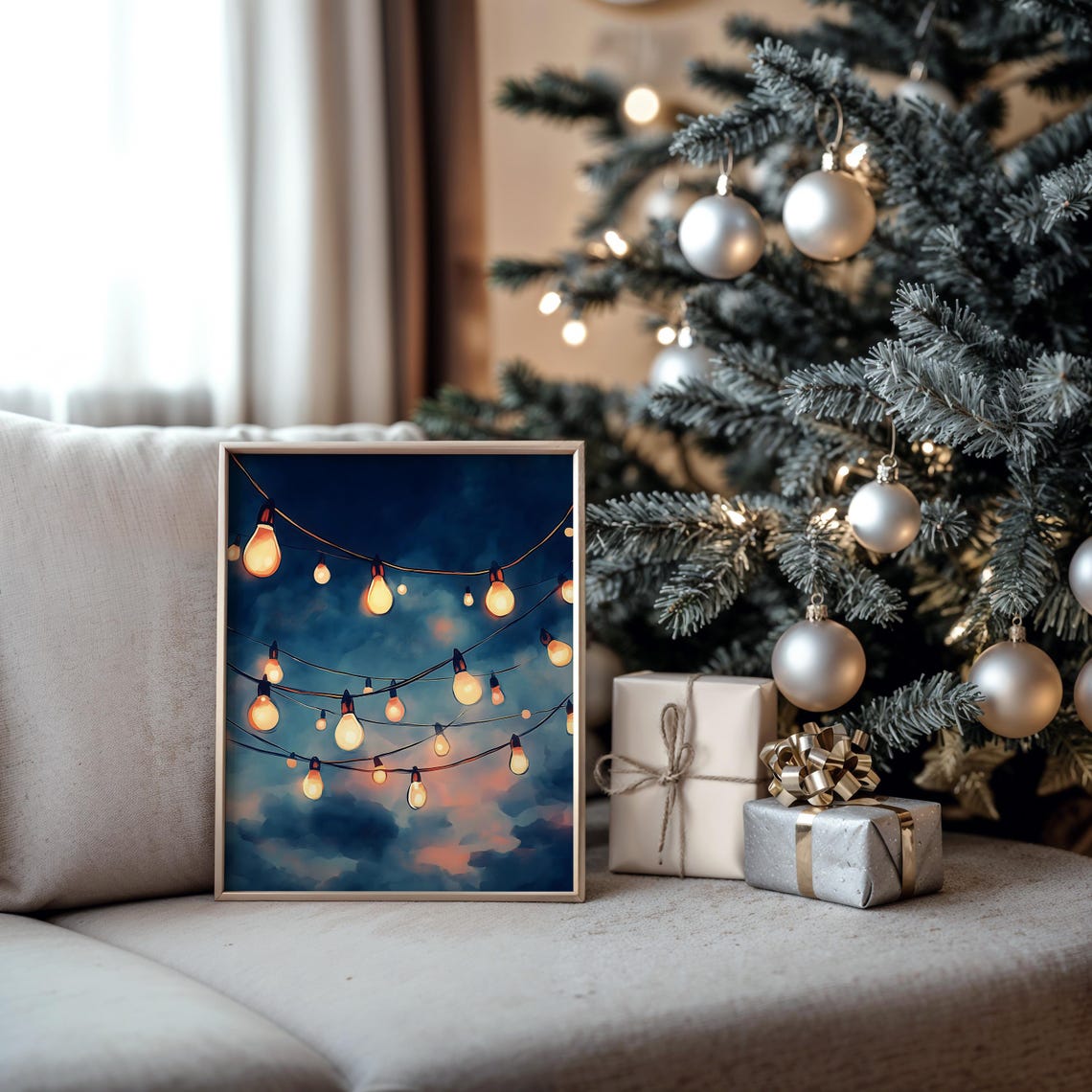 Glowing String Lights Against Moody Night Sky Watercolor Style Poster - Image 3