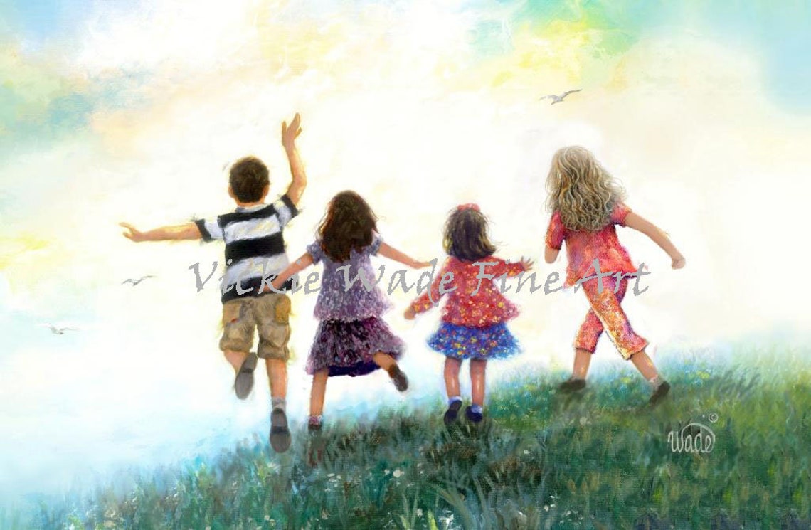 Four Children Running Together in a Bright Green Meadow Poster - Image 2