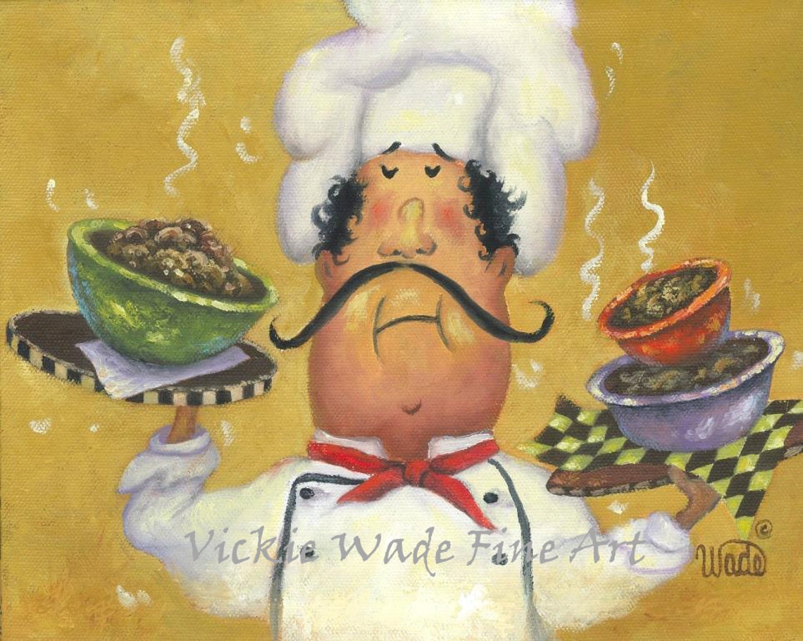 Whimsical Fat Chef Happily Balancing Steaming Bowls Kitchen Poster