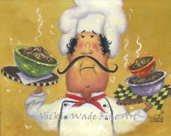Fat Chefs Art Print Chef Wall Art Funny Three Bowl Chef Art Kitchen Wall Decor Chef Paintings Whimsical Waiter Vickie Wade Art