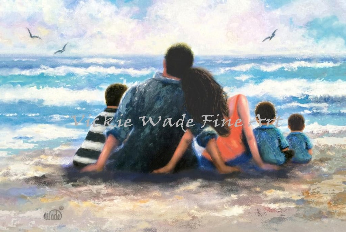 Parents with Three Sons Sitting on the Beach by the Waves Poster
