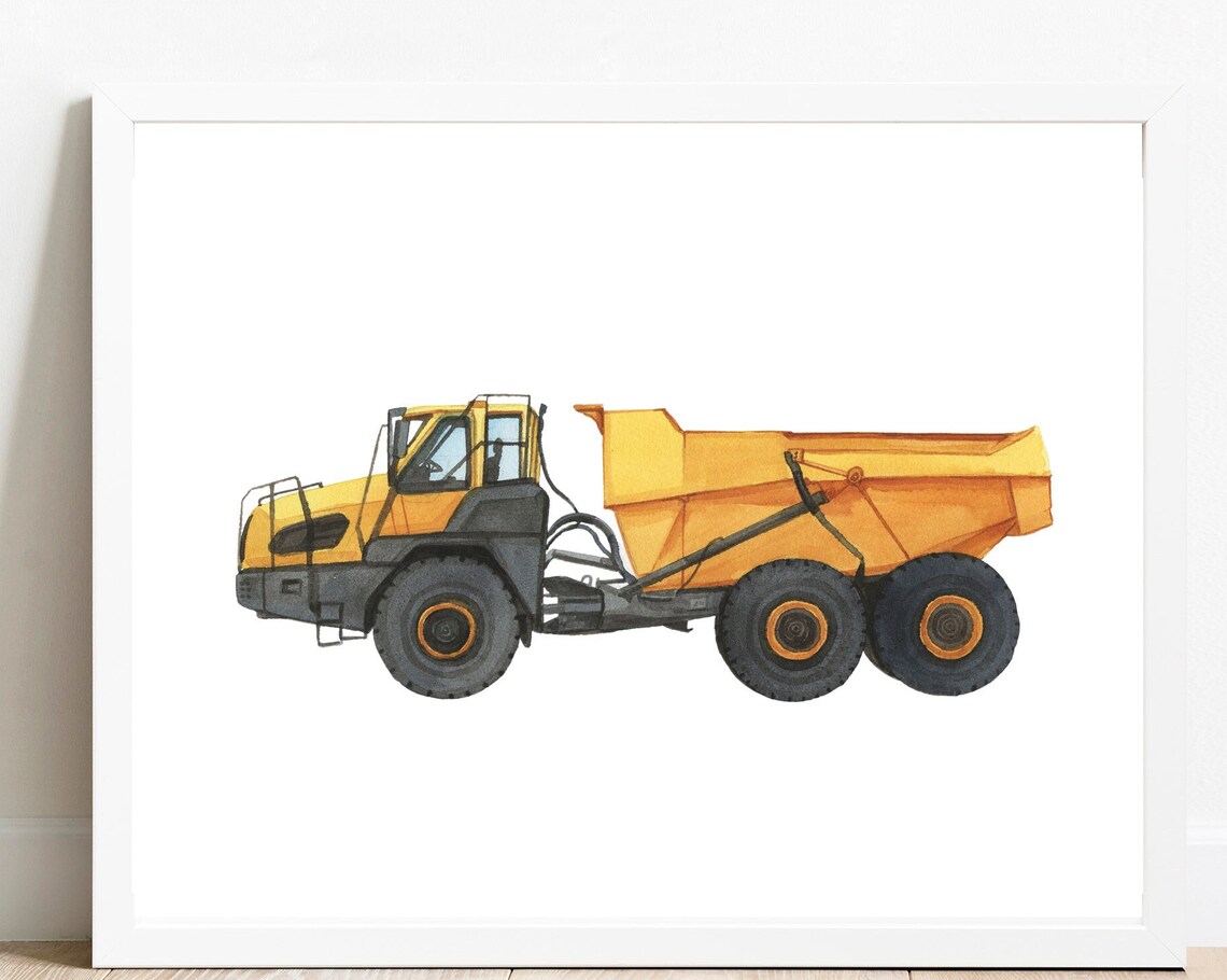 Articulated Dump Truck Watercolor Yellow Hauler Boys Nursery Poster
