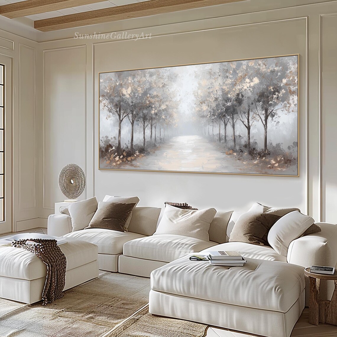 Misty Tree Lined Road In Soft Gray And Gold Tones Art Poster - Image 2