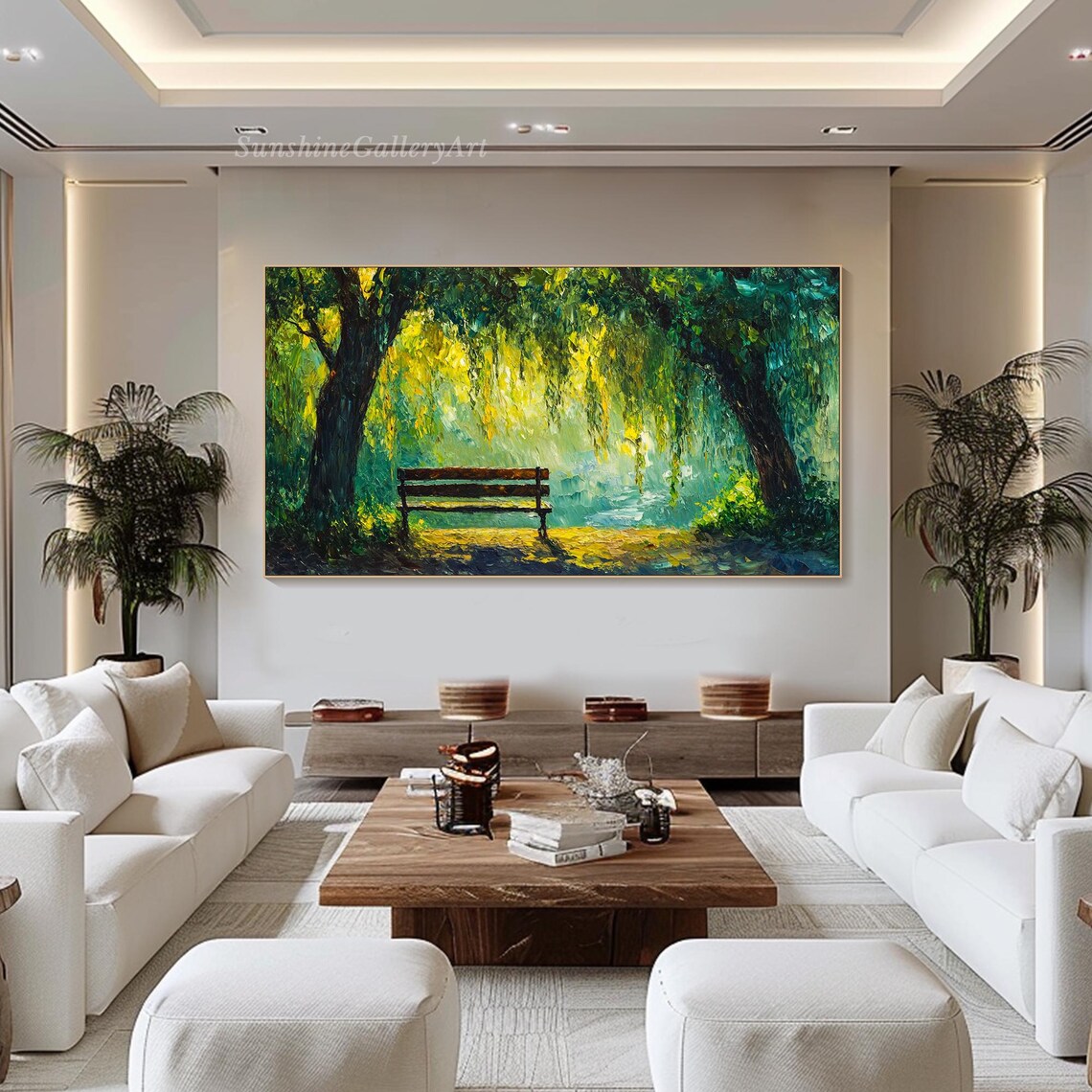 Sunlit Park Bench Beneath Green Willow Trees Oil Painting Poster - Image 3